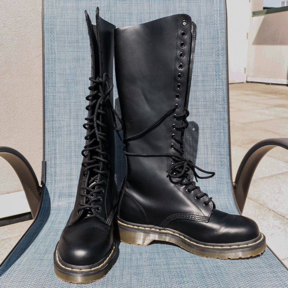 Black Leather Dr. Martens Knee High Lace Up Boots